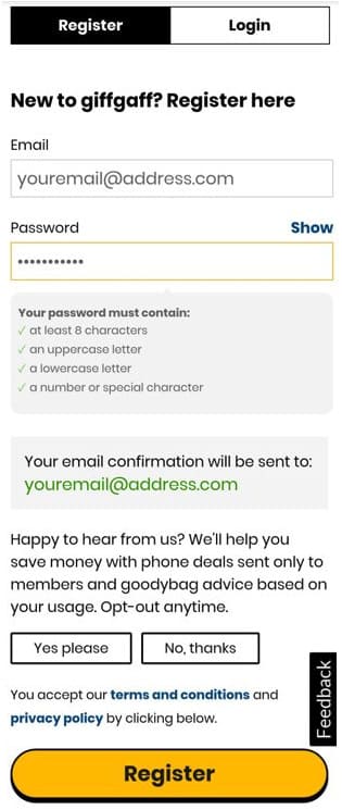 Register or login on giffgaff