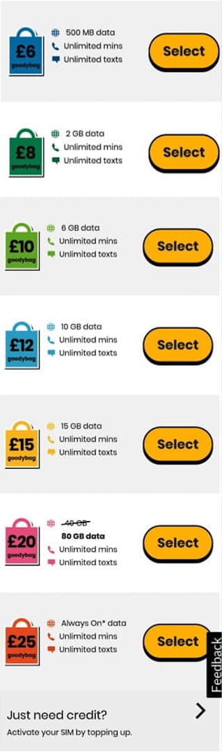 Select a giffgaff monthly plan