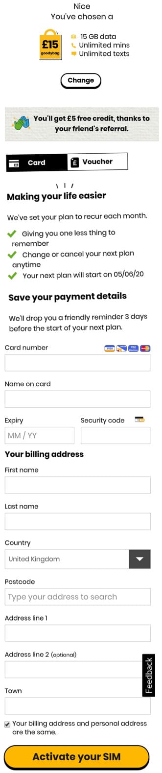 Select your giffgaff ayment method